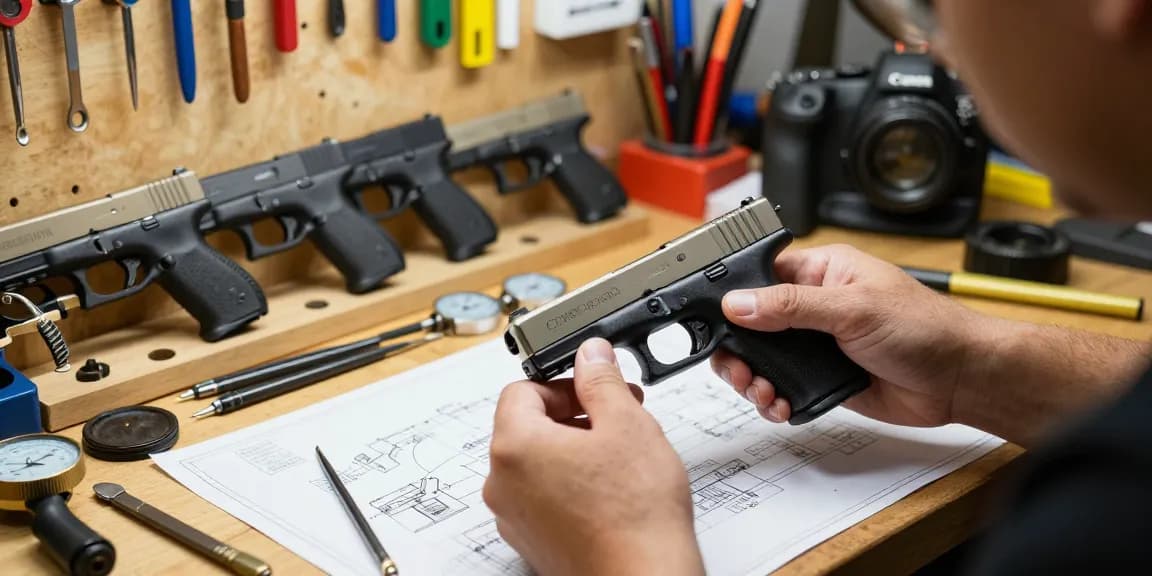 Precision Glock slides being crafted in a detailed gunsmith workshop.