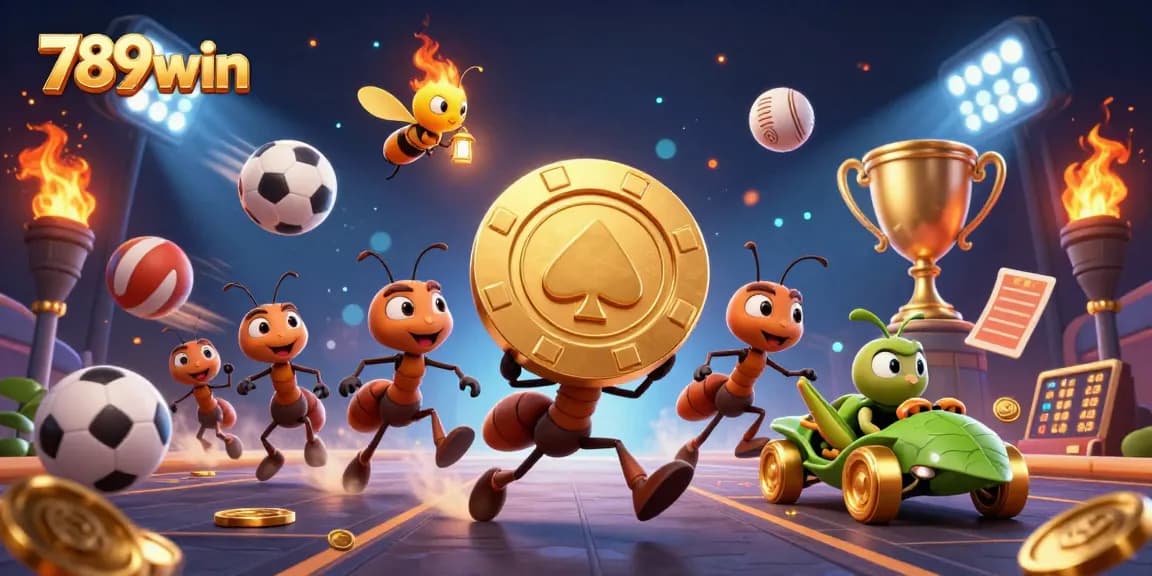 Experience thrilling gameplay with a 789win theme featuring ants on a heist with dynamic sports elements and golden treasures.