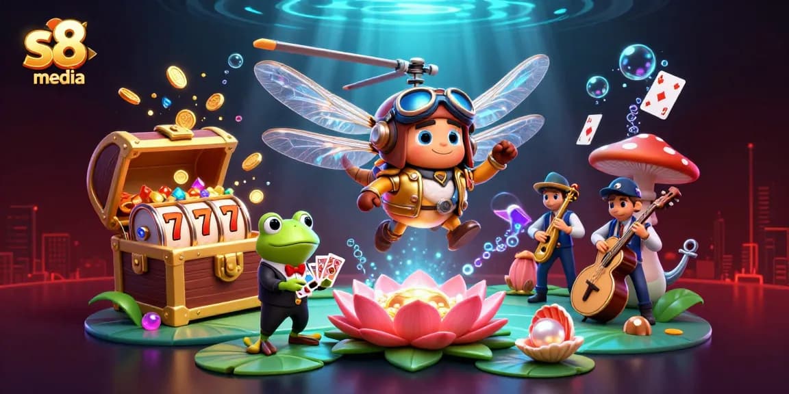 Experience the excitement of s8 media with a lively underwater casino scene featuring a dragonfly pilot and frog dealer.