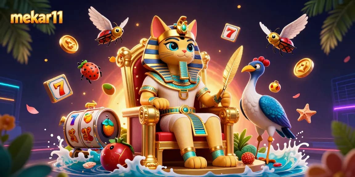 Spin and win big with mekar11 in this dynamic casino scene featuring slot symbols and enthusiastic characters.