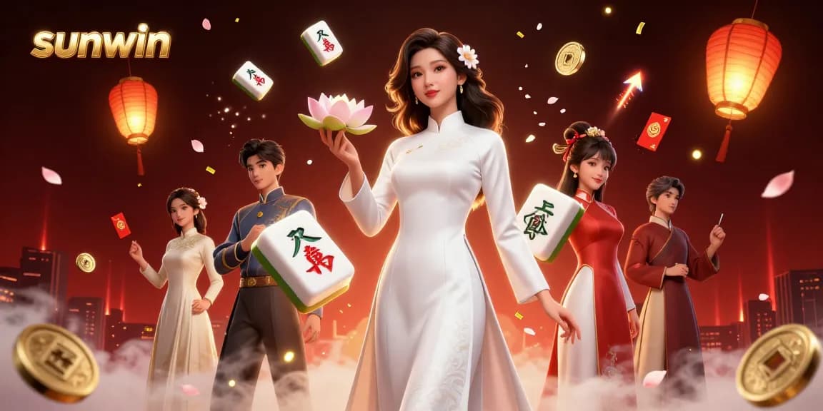 Experience sunwin with a photorealistic Asian woman in a vibrant casino illustration, embracing luck and victory.