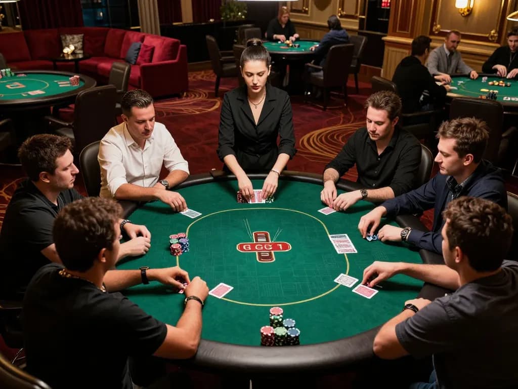 Players enjoying a high-stakes poker game at VIPWIN casino, showcasing excitement and strategy in action