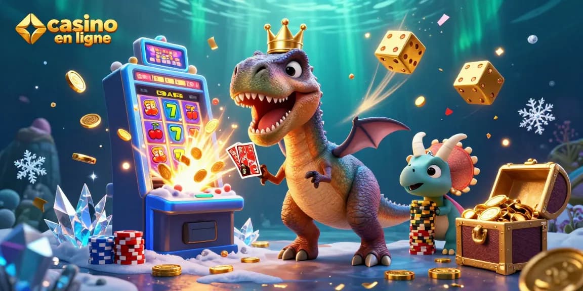 Découvrez un monde de casino en ligne captivant avec un T-Rex jouant aux cartes.