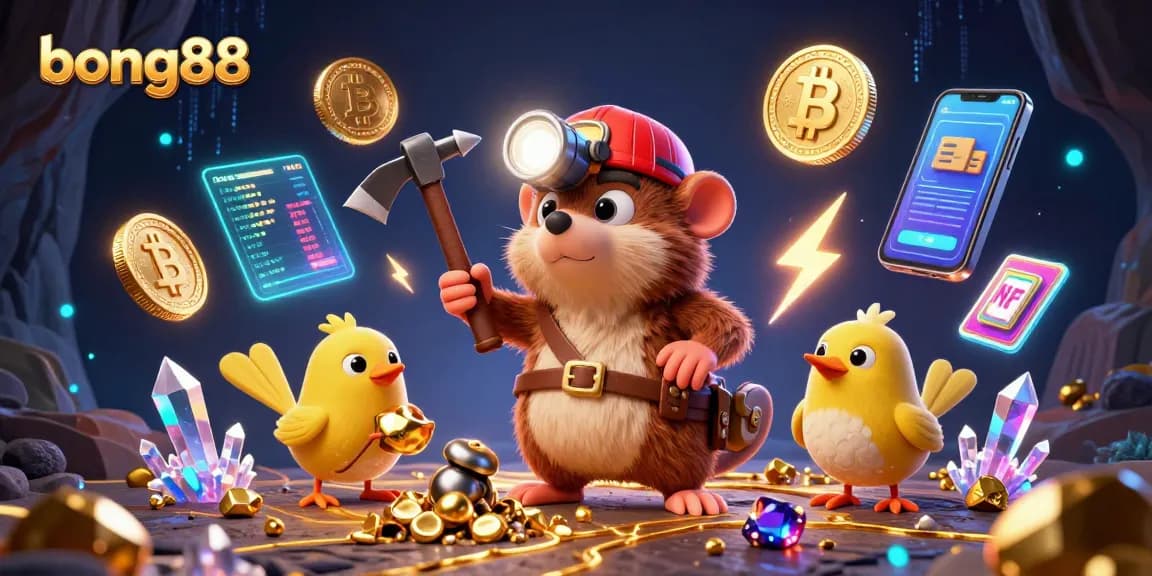 Engage with bong88's thrilling casino adventures featuring a treasure hunter mole in a sparkling digital landscape.