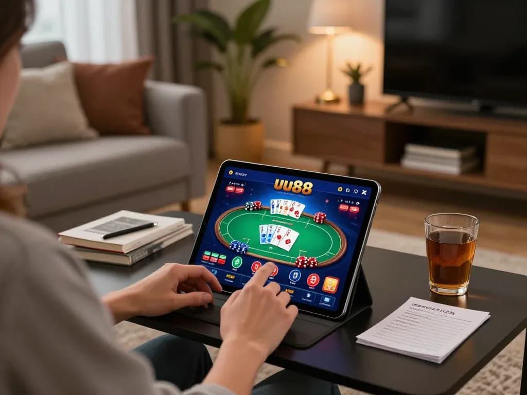Engaging the uu88 bet app on tablet within a cozy home gaming atmosphere.