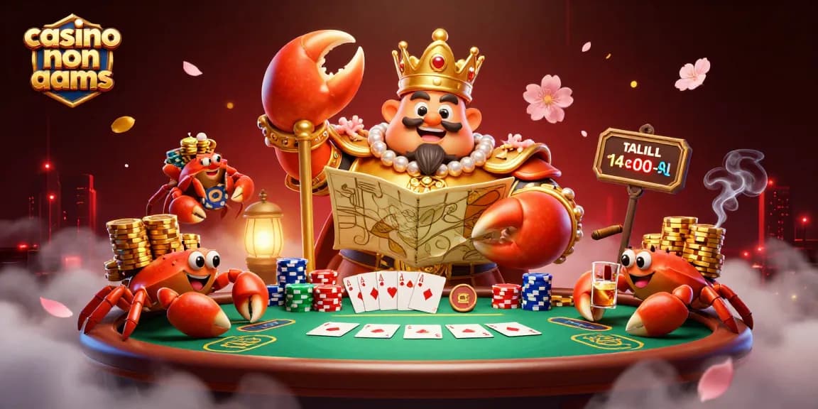 Giocando a casino non aams con il granchio imperatore e mazzi di chip d'oro in un'illustrazione 3D.