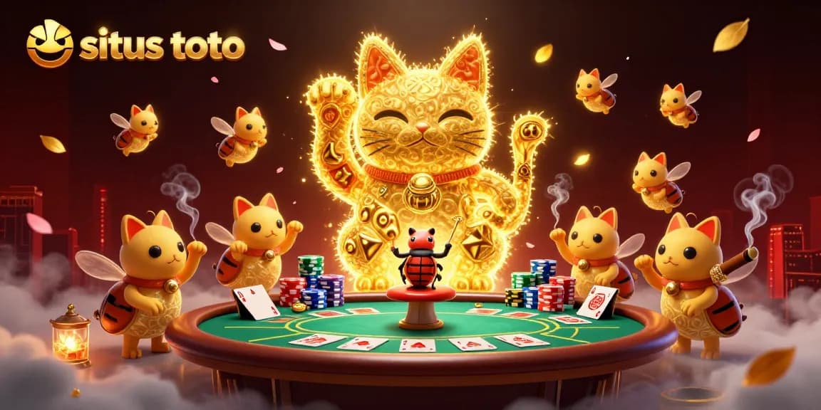 Play exciting games at situs toto featuring a giant lucky cat and vibrant casino elements.