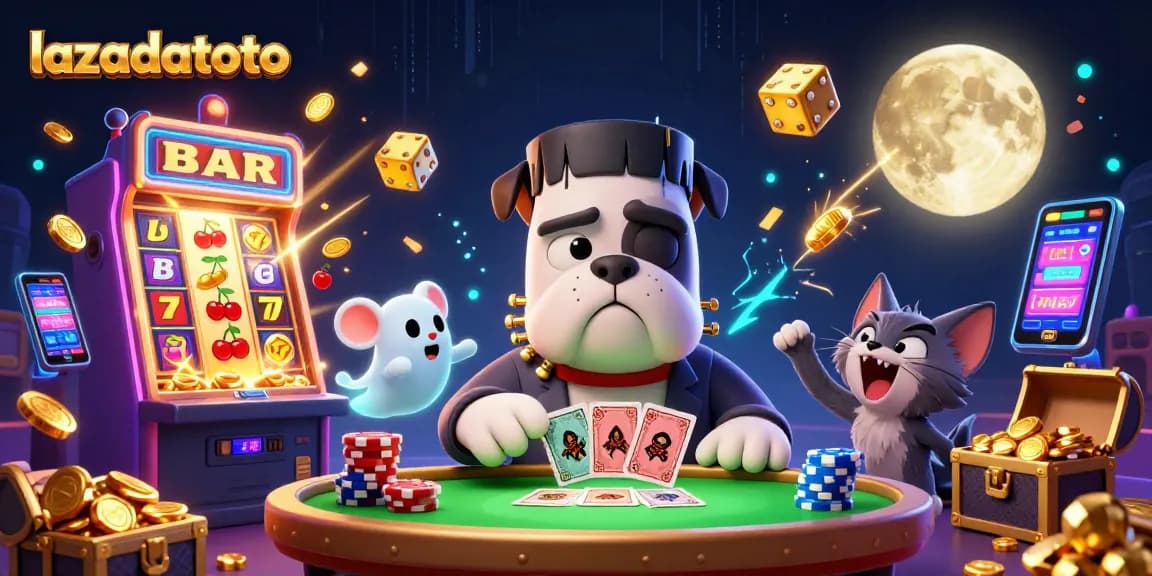 Experience thrilling gameplay with lazadatoto at a haunted casino table featuring unique characters and vibrant slot machines.
