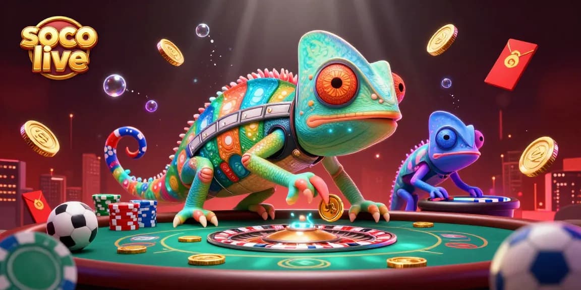 Soco live offers exciting sports betting experiences, featuring vibrant game elements and a dynamic chameleon character.
