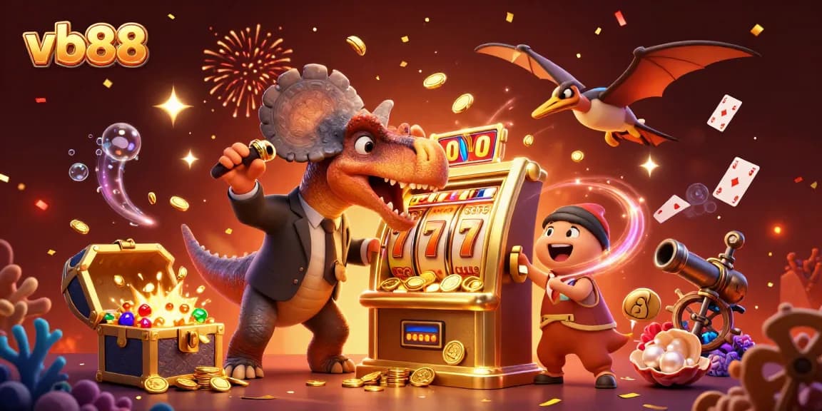 Experience big wins at vb88 with a dynamic casino scene featuring epic characters and slot icons.