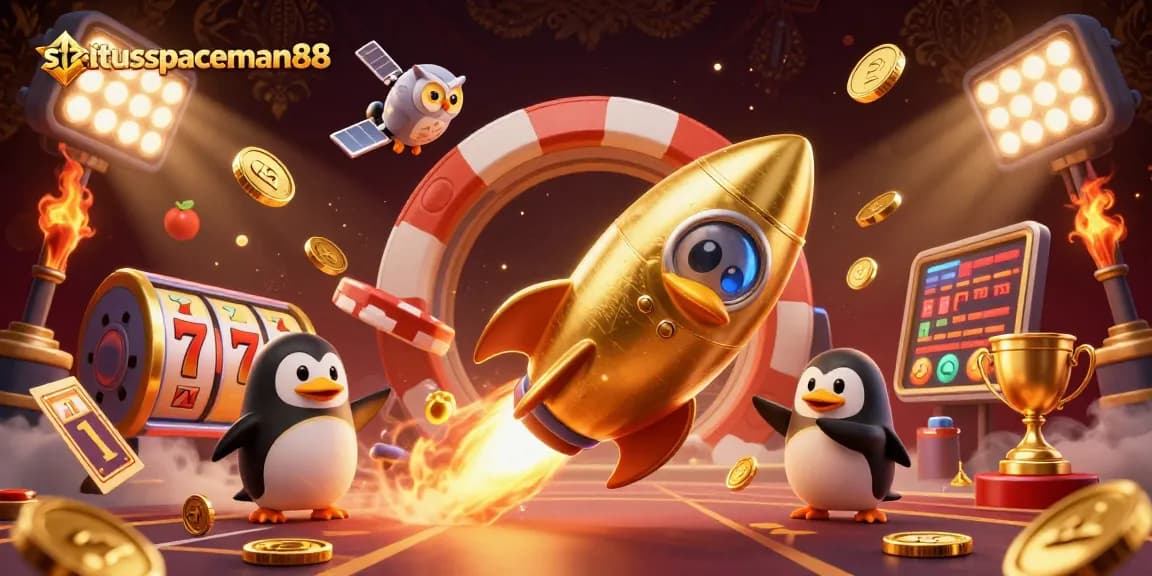 Spin the reels at situs spaceman88, featuring a dynamic 3D penguin and golden casino elements.