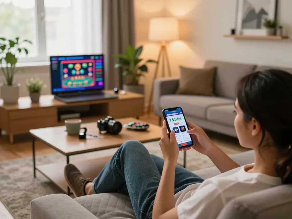 Engaging with the 789club mobile app in a cozy home gaming setup for strategic play.