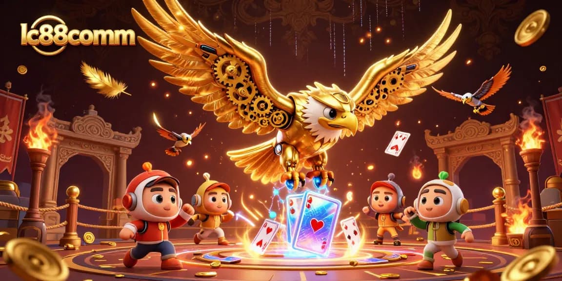Engage in thrilling gaming action at lc88comm with a dynamic 3D scene showcasing a golden eagle amidst holographic playing cards.