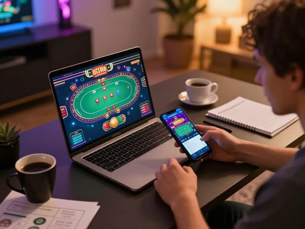 Player strategizing for an onbet poker game on a stylish online setup amid evening lights.