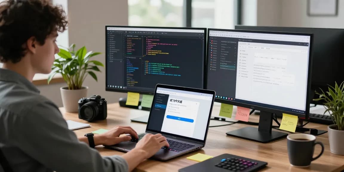 Developer utilizing 纸飞机中文版 in a modern tech workspace, engaging environment.