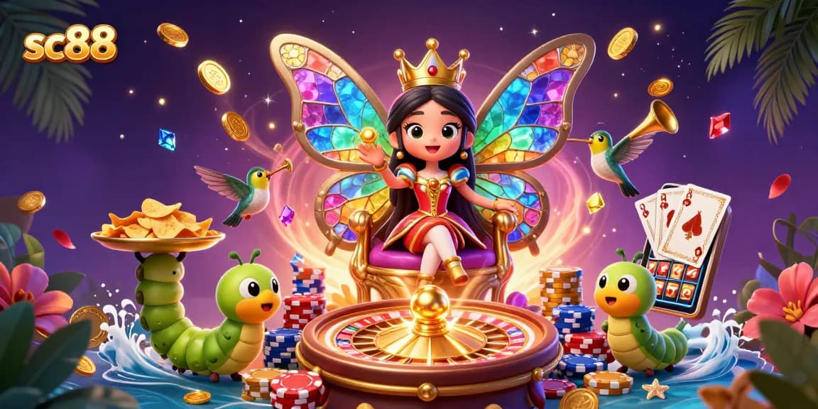 Experience vibrant gaming with the sc88 butterfly queen amidst spinning roulette and poker elements.