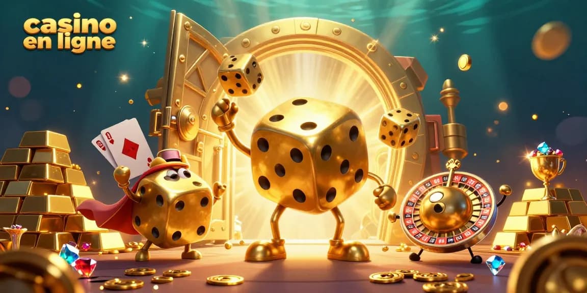Vivez l'expérience du casino en ligne avec un golem de dés dorés et des trésors.