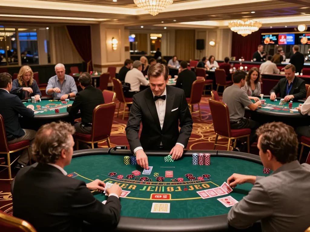 A lively casino scene at ALO8 featuring players engaged at blackjack tables, showcasing a vibrant atmosphere of excitement and interaction