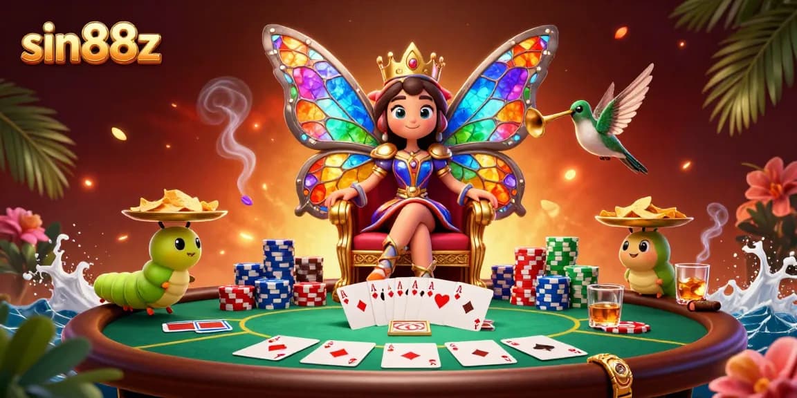 Experience sin88z's vibrant casino scene featuring a butterfly queen and poker elements.