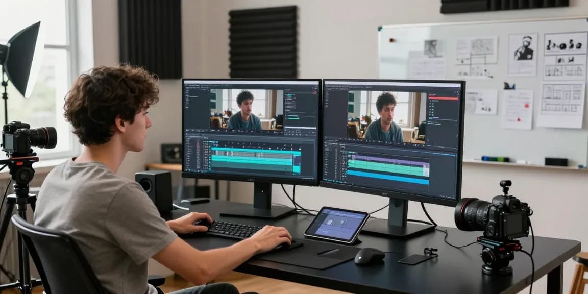 Creative workspace showcasing video prompt ai technology and editing setup with dual monitors.