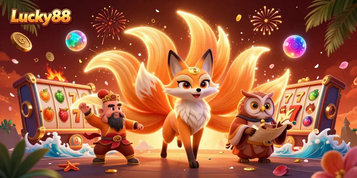 Experience Lucky88 casino thrills with animated characters, slot reels, and vibrant festive elements.
