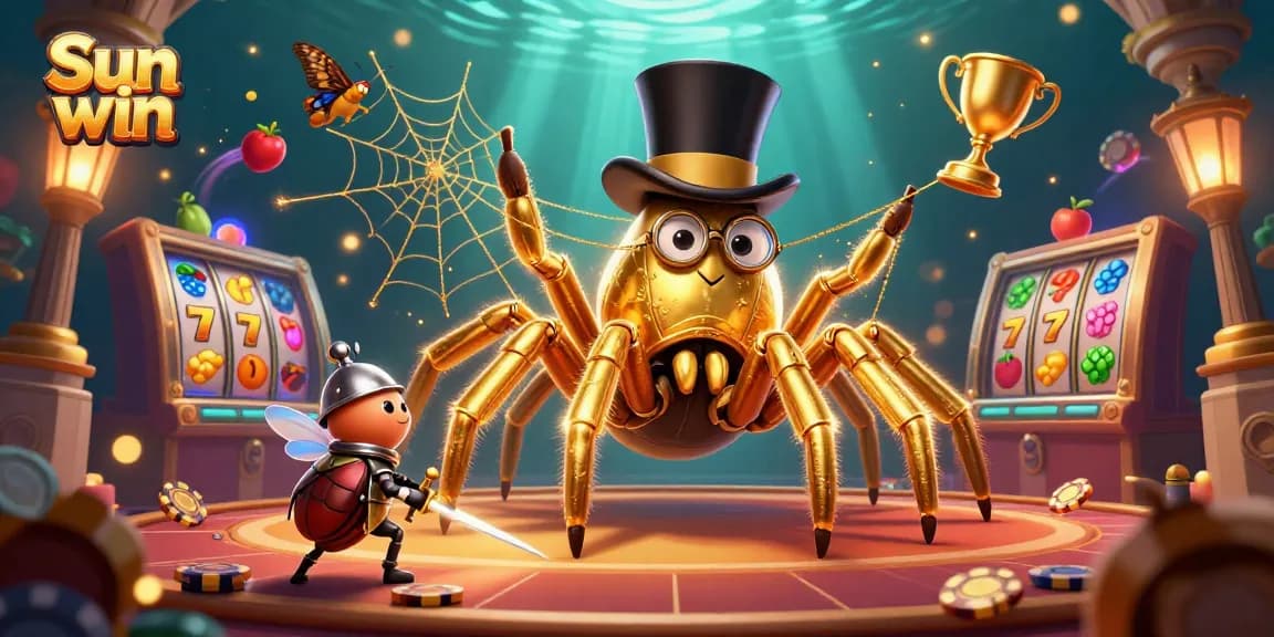 Experience thrilling Sun win moments in a vibrant casino scene with a golden tarantula and beetle knight.