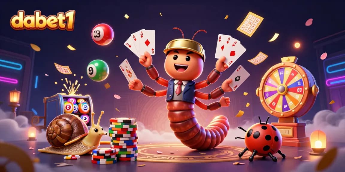 dabet1 showcases a vibrant casino scene, featuring a millipede dealer and high-roller snail amidst colorful lottery elements