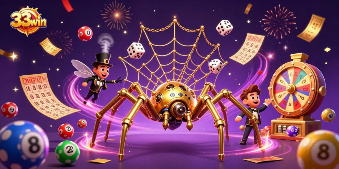 Engage with 33win's vibrant casino scene featuring a golden spider web and lively game elements.
