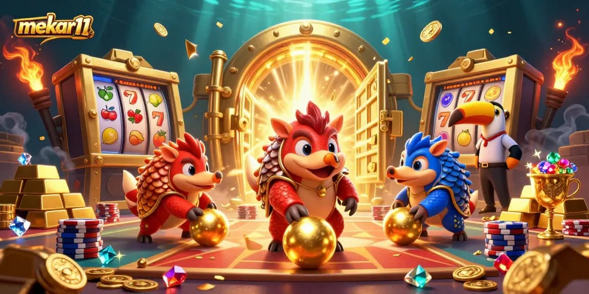 Mekar11 brings to life thrilling slot action with rival pangolins competing amid sparkling treasure and vibrant game elements.