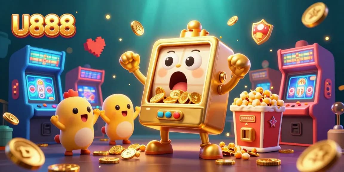 U888: Experience the exciting jackpot moment as a golden slot machine celebrates and coins pour out.