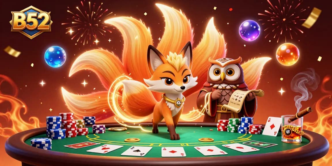 B52 players strategize at a colorful poker table with vibrant chips in a magical atmosphere.