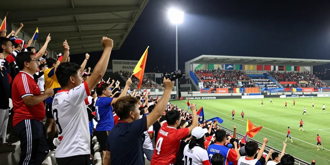 Exciting outdoor kooralive football match scene with cheering fans and players.