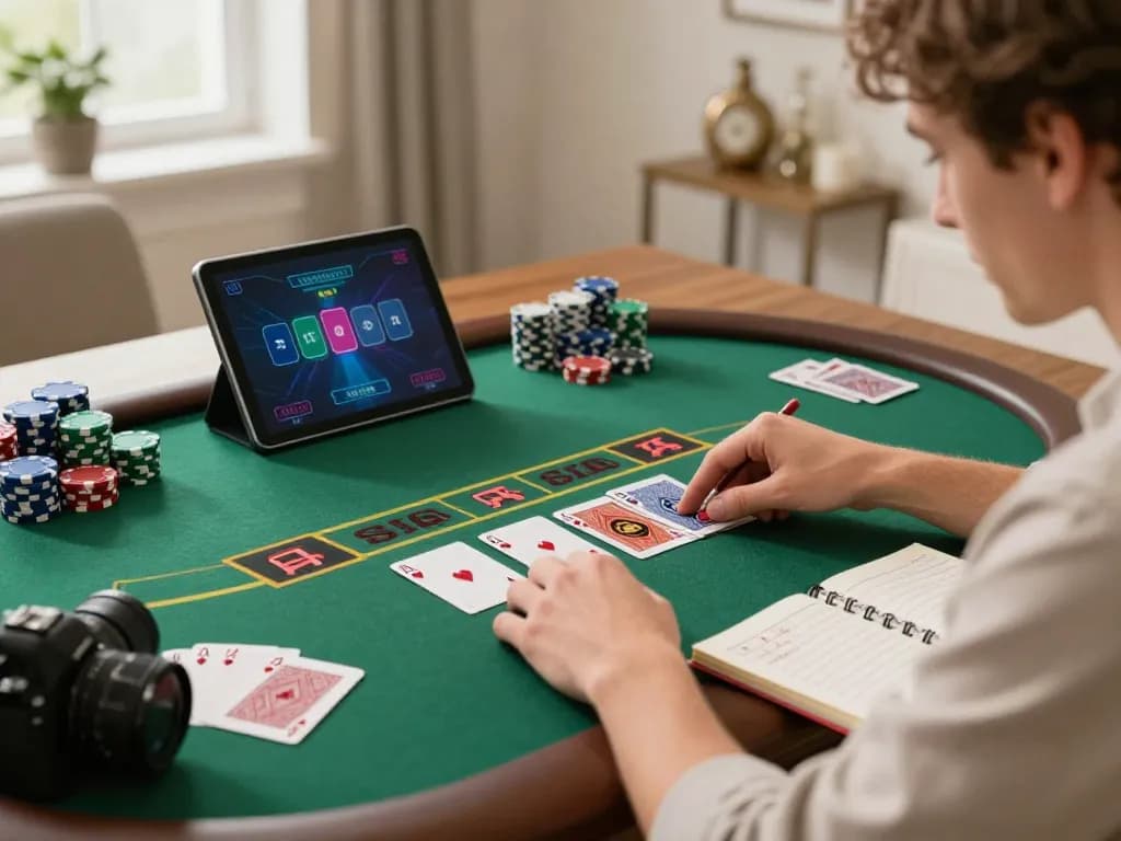 Engaged player using 3win tablet for blackjack, showcasing strategy in a cozy home setting.