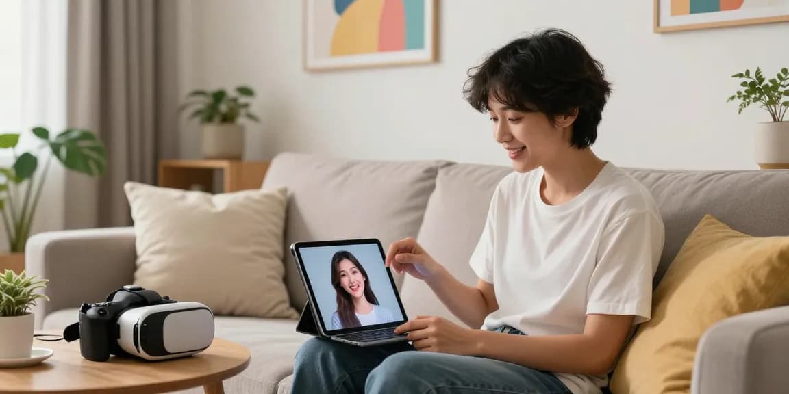 Interactive experience with ai girlfriend on tablet in a cozy living room setting