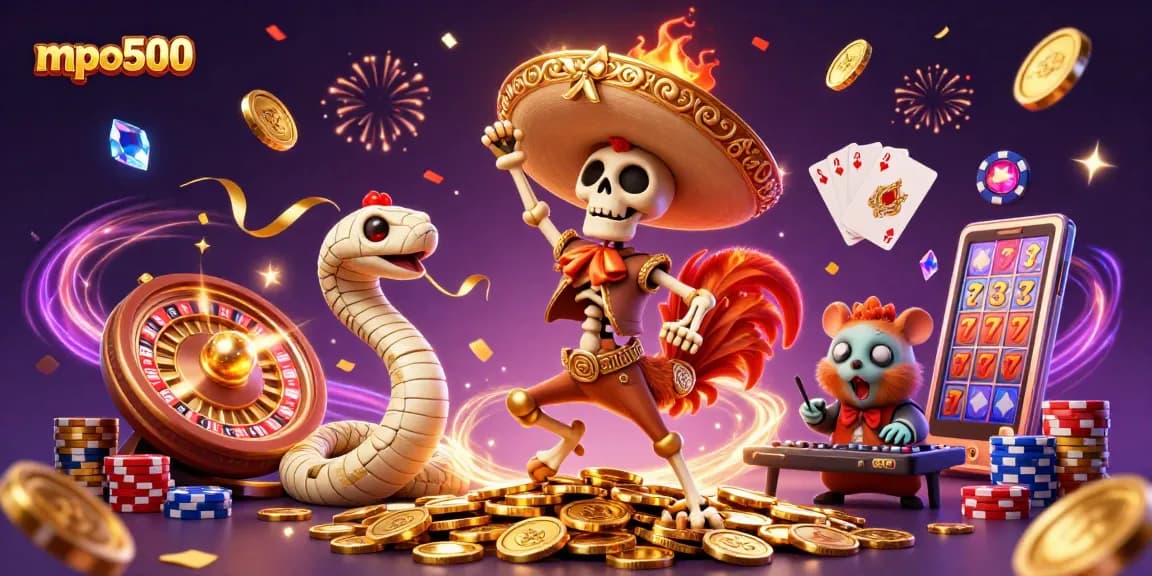 Experience the vibrant world of mpo500 with a dynamic 3D casino illustration featuring engaging characters and exciting gaming elements.
