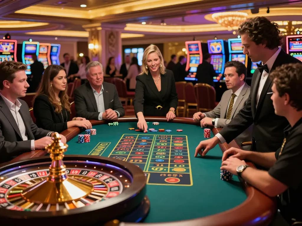 Experience strategic gameplay at vipwin's luxurious roulette table with players and croupier