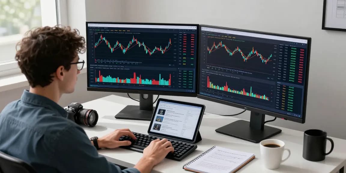 AiCoin用户正在现代办公桌前分析实时市场数据，展示了专业的加密货币交易场景。