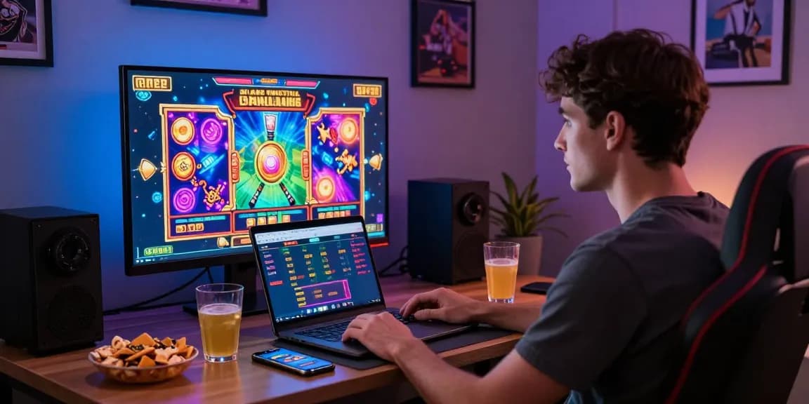 Exciting home gaming environment featuring slot depo 5000 player engaged with vibrant online slot game.