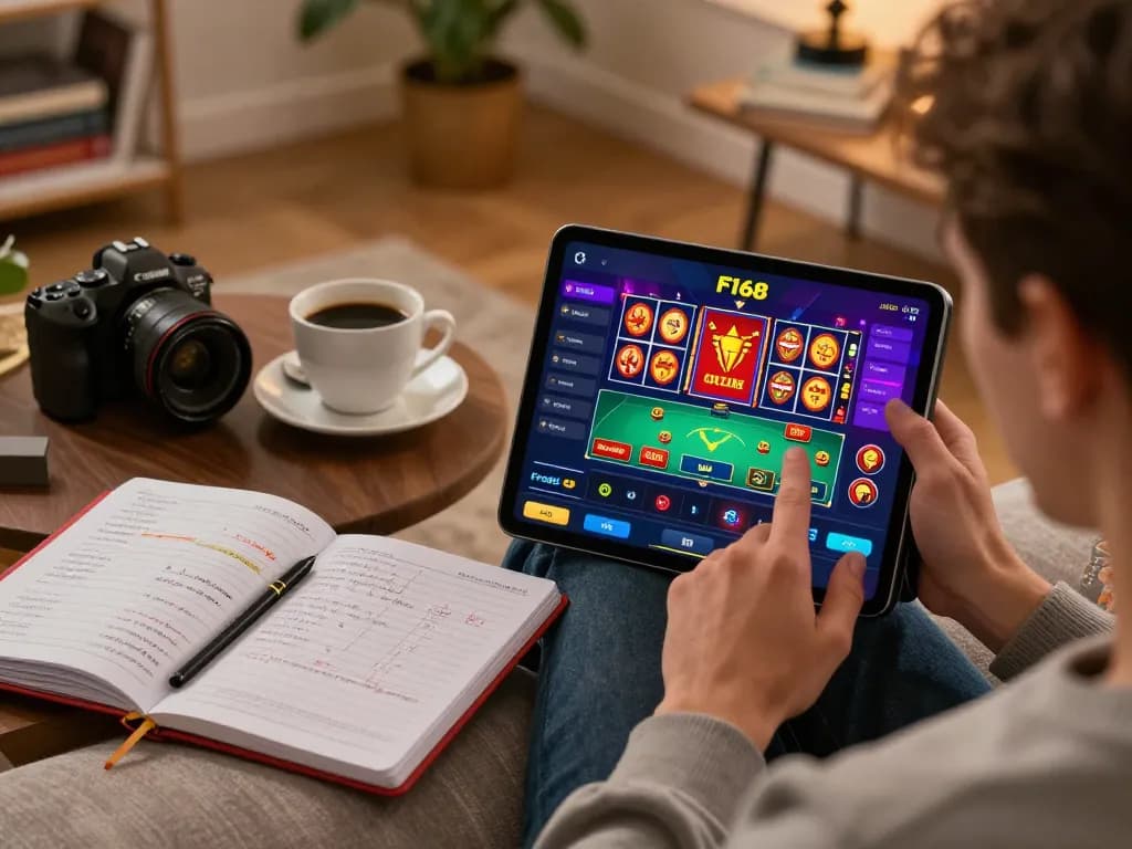 Engaging with F168 online casino app while strategizing on bankroll management in a cozy home setup.