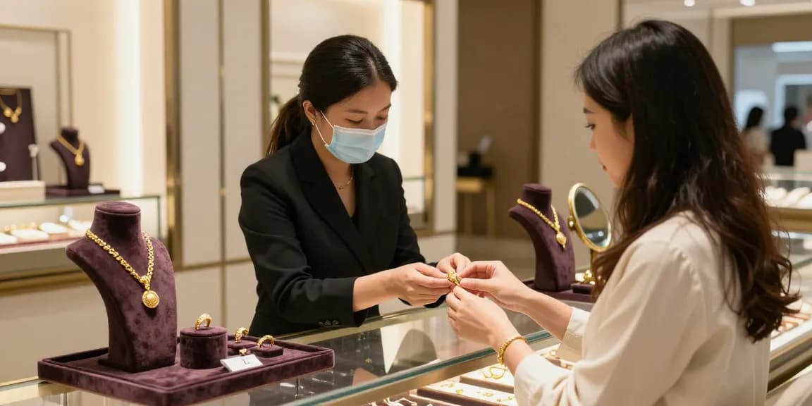 Discover today's gold price for today in Malaysia with luxurious gold jewelry displayed in an upscale store setting.