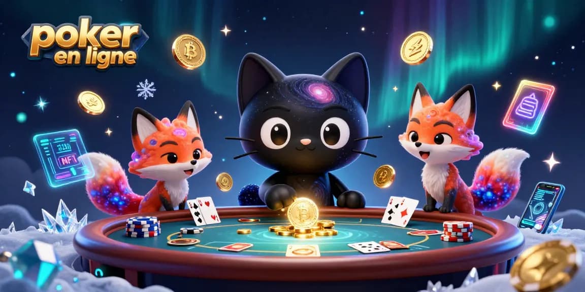Jouer au poker en ligne avec une illustration colorée d'un chat de trou noir et un renard nébuleux.