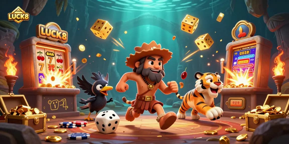 LUCK8 brings the thrill of casino gaming with a dynamic prehistoric scene of caveman characters and jackpot excitement.
