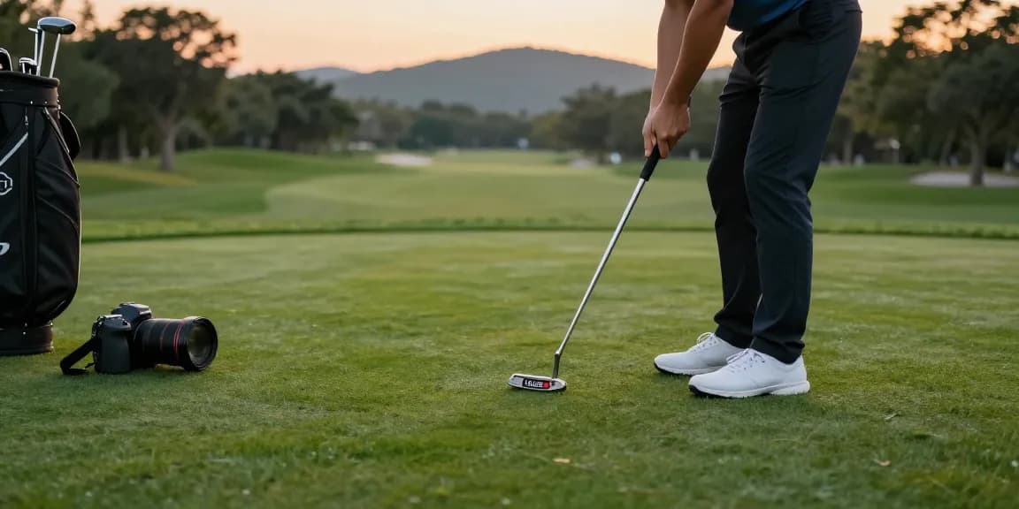 Latihan golf di lapangan hijau dengan putter dari https://puttperfection.com/putter-reviews, menciptakan momen Putt Perfection.