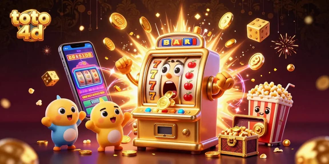 Experience the excitement of toto 4d with a golden slot machine surrounded by cheerful characters and jackpots.