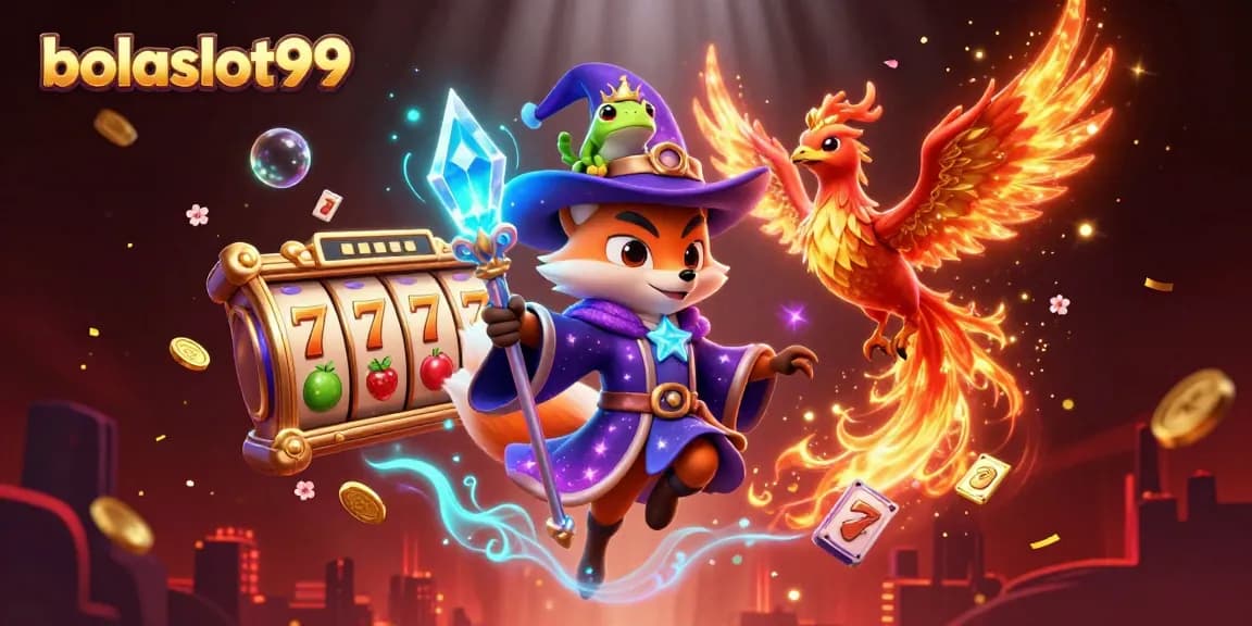 Experience the magic of bolaslot99 with an enchanting scene featuring a mystical wizard fox, phoenix, and rich casino elements.