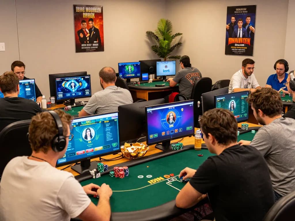 Players enjoying competitive IDN poker tournament in modern workspace.