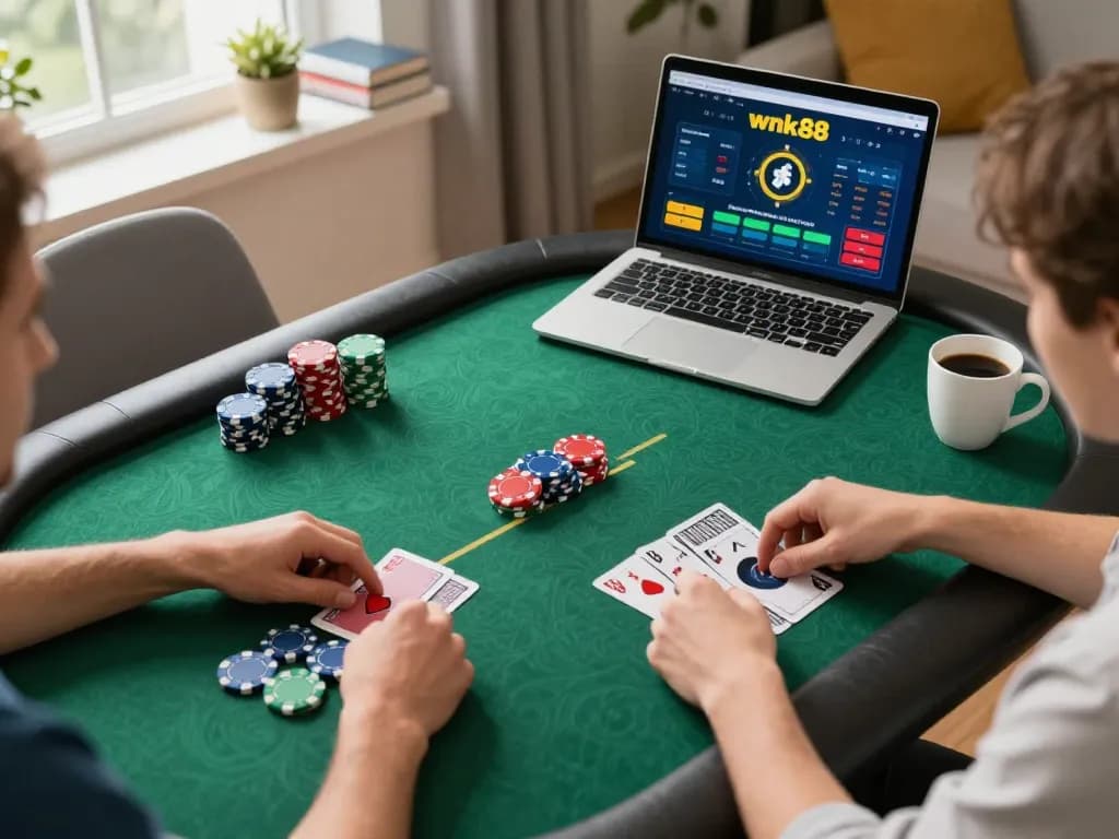 A player strategizing poker on the webnk88 platform with colorful chips and cards in a cozy home setup.