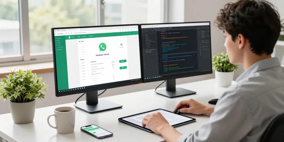Using WhatsApp網頁版 in a modern workspace with dual monitors and organized desk elements.