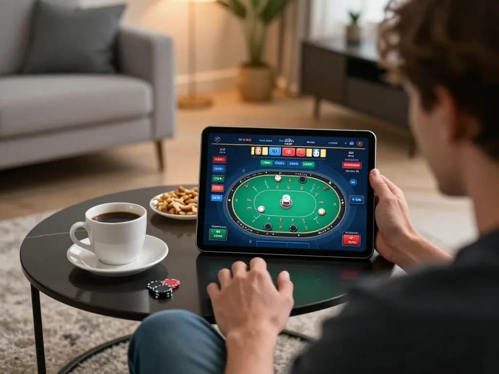 Player engaging in online poker at home with hay88x app, enjoying a responsible gaming experience