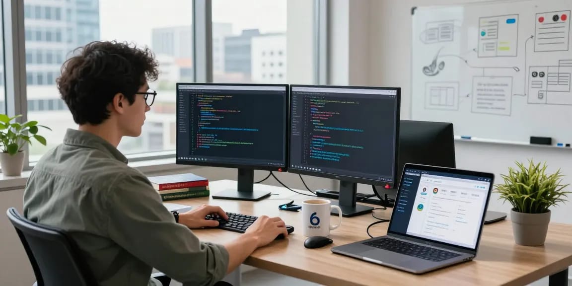 Pengembang perangkat lunak di https://predictplay.io/ sedang bekerja dengan layar ganda menampilkan kode aplikasi terdesentralisasi.